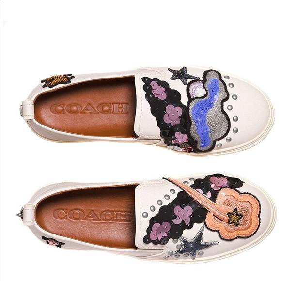 Coach Slip On Sneakers Sequin Embroidery Leather Shoes Unique Nude - Picture 1 of 8